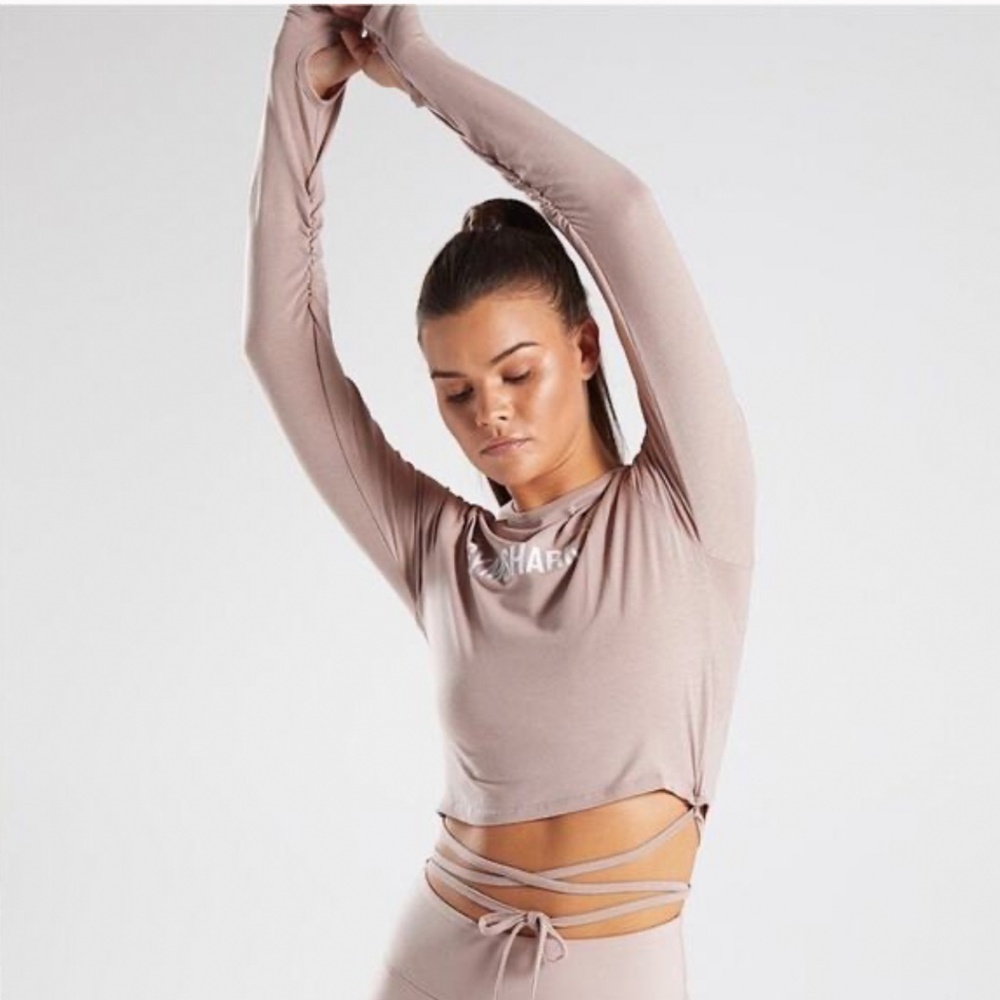 Gymshark Pink Beige Cropped Ruched Tie Up Ribbon Long Sleeve‎ Top Size S